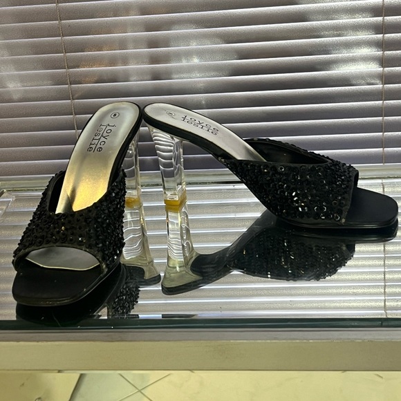 Joyce Leslie black sequin Lucite acrylic high heel sandal shoes heeled vintage - Picture 4 of 7